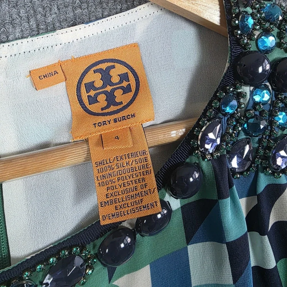 Tory‎ Burch Silk Tank Top 4 Blue Green Geometric Beaded Jewel Sparkle Rhinestone